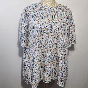 Adrianna Papell Top Women's M Floral Print Peplum Short Sleeve Blouse Crinkle